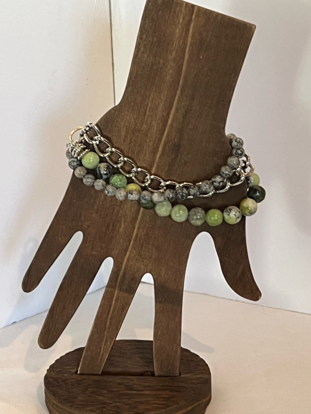 Green Beaded & Silver Chain Women's Bracelet Set